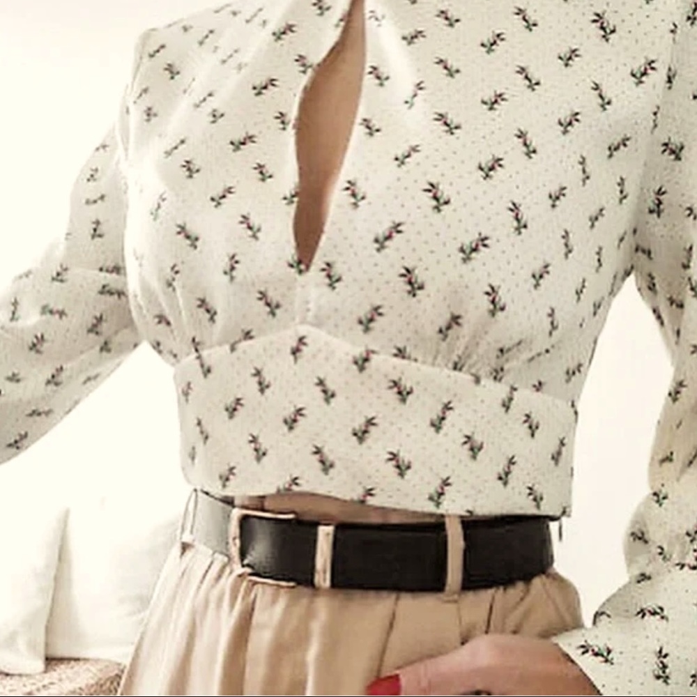 Zara Green Cream Fitted Button Down Crop Top - Picture 3 of 10